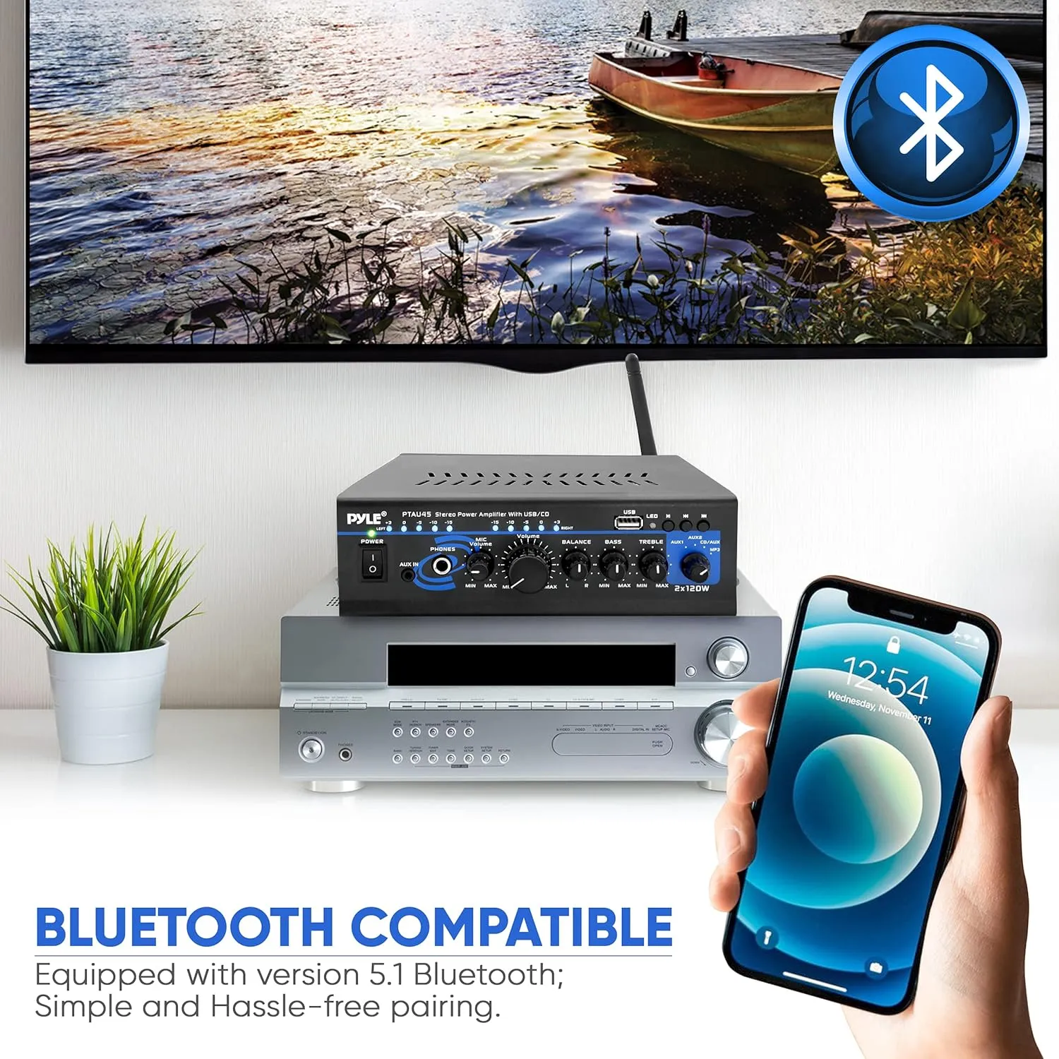 Pyle Home Bluetooth Audio Power Amplifier 2X120 Watt- Portable 2 Channel Surround Sound Stereo Receiver w/ USB - Amplified Subwoofer Speaker, CD DVD, MP3, iPhone, Phone, Theater, PA System - PTAU45.5