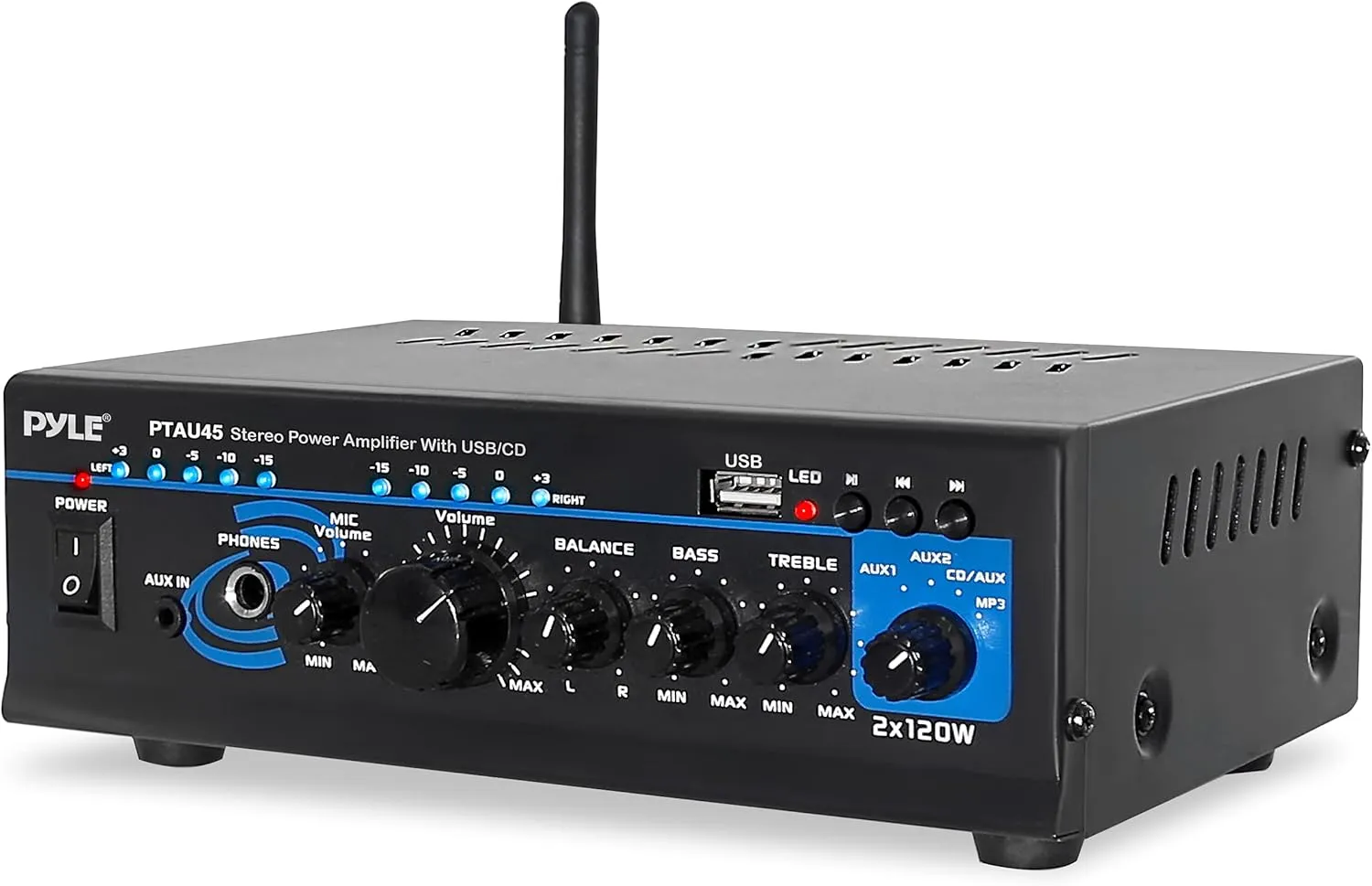 Pyle Home Bluetooth Audio Power Amplifier 2X120 Watt- Portable 2 Channel Surround Sound Stereo Receiver w/ USB - Amplified Subwoofer Speaker, CD DVD, MP3, iPhone, Phone, Theater, PA System - PTAU45.5