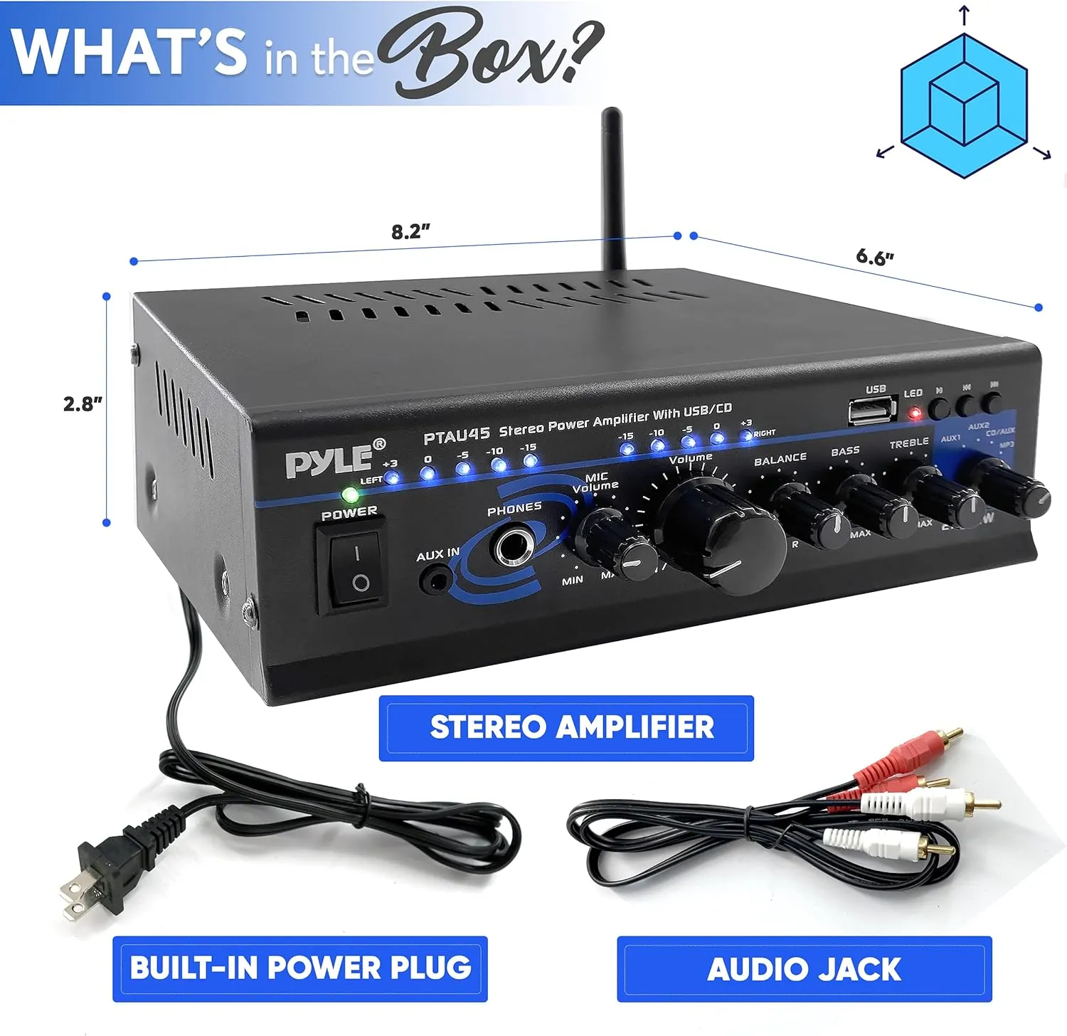Pyle Home Bluetooth Audio Power Amplifier 2X120 Watt- Portable 2 Channel Surround Sound Stereo Receiver w/ USB - Amplified Subwoofer Speaker, CD DVD, MP3, iPhone, Phone, Theater, PA System - PTAU45.5