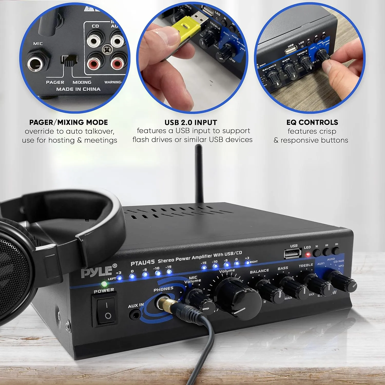 Pyle Home Bluetooth Audio Power Amplifier 2X120 Watt- Portable 2 Channel Surround Sound Stereo Receiver w/ USB - Amplified Subwoofer Speaker, CD DVD, MP3, iPhone, Phone, Theater, PA System - PTAU45.5