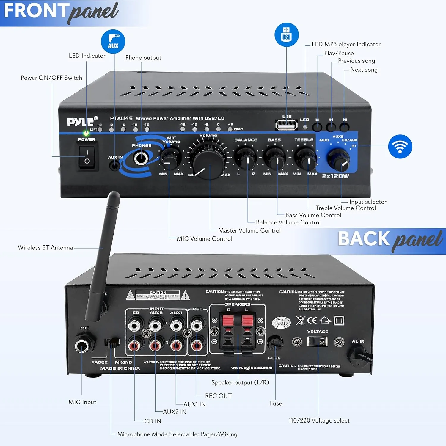 Pyle Home Bluetooth Audio Power Amplifier 2X120 Watt- Portable 2 Channel Surround Sound Stereo Receiver w/ USB - Amplified Subwoofer Speaker, CD DVD, MP3, iPhone, Phone, Theater, PA System - PTAU45.5