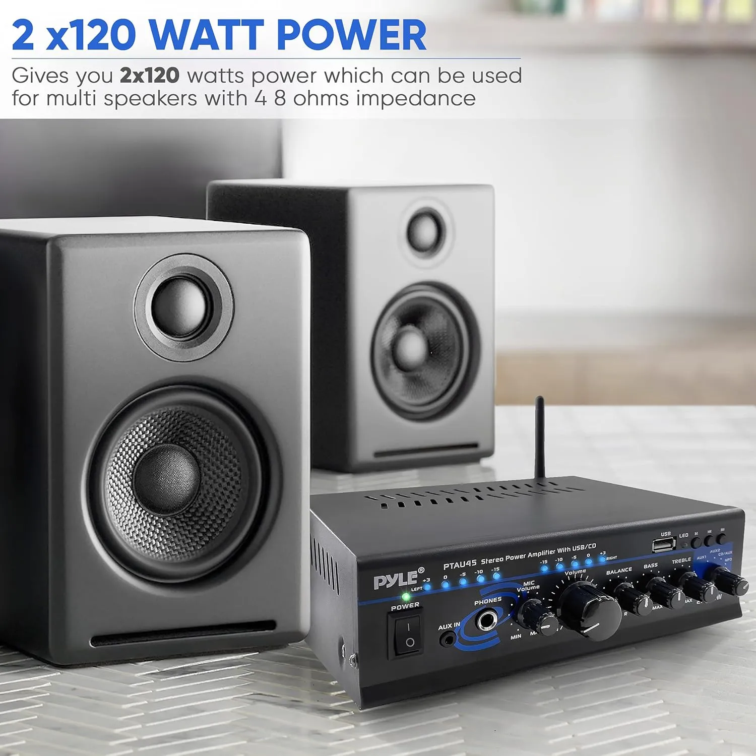 Pyle Home Bluetooth Audio Power Amplifier 2X120 Watt- Portable 2 Channel Surround Sound Stereo Receiver w/ USB - Amplified Subwoofer Speaker, CD DVD, MP3, iPhone, Phone, Theater, PA System - PTAU45.5