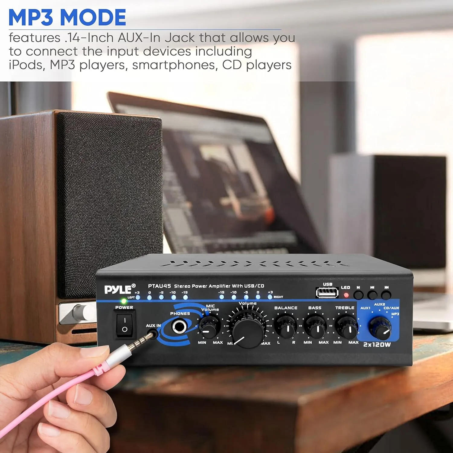 Pyle Home Bluetooth Audio Power Amplifier 2X120 Watt- Portable 2 Channel Surround Sound Stereo Receiver w/ USB - Amplified Subwoofer Speaker, CD DVD, MP3, iPhone, Phone, Theater, PA System - PTAU45.5