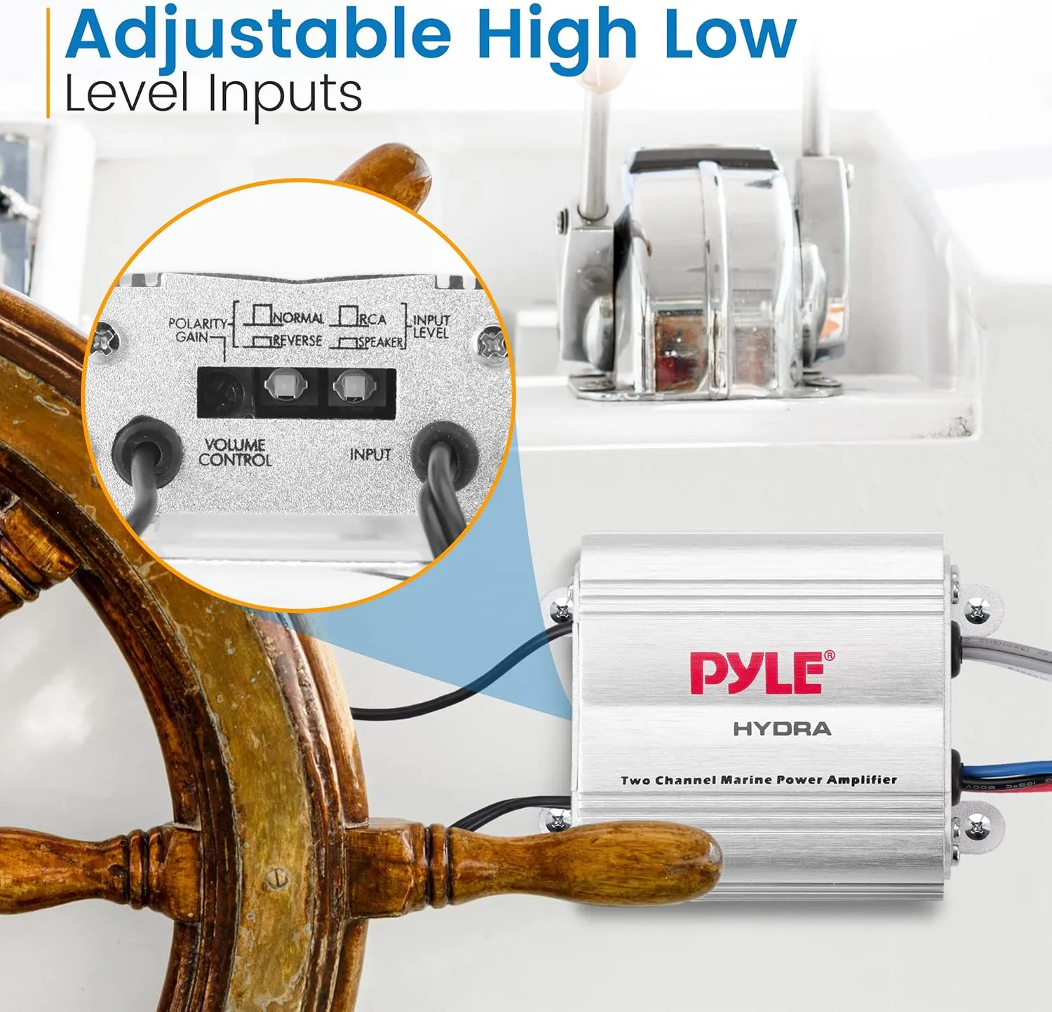 Pyle Hydra Marine Amplifier - Upgraded Elite Series 400 Watt 2 Channel Micro Amplifier - Waterproof, GAIN Level Controls, RCA Stereo Input, 3.5mm Jack & Volume Control (PLMRMP1A)