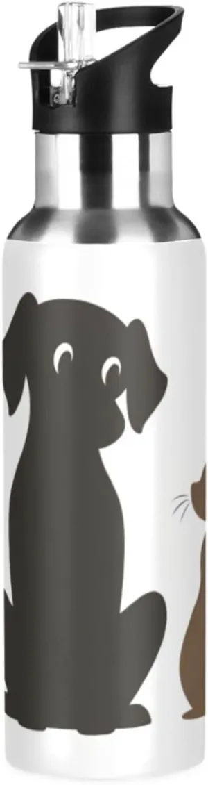 Qilmy Cat and Dog Sport Water Bottle with Straw Lid Double Wall Vacuum Insulated Flask Stainless Steel Water Bottle 20 oz