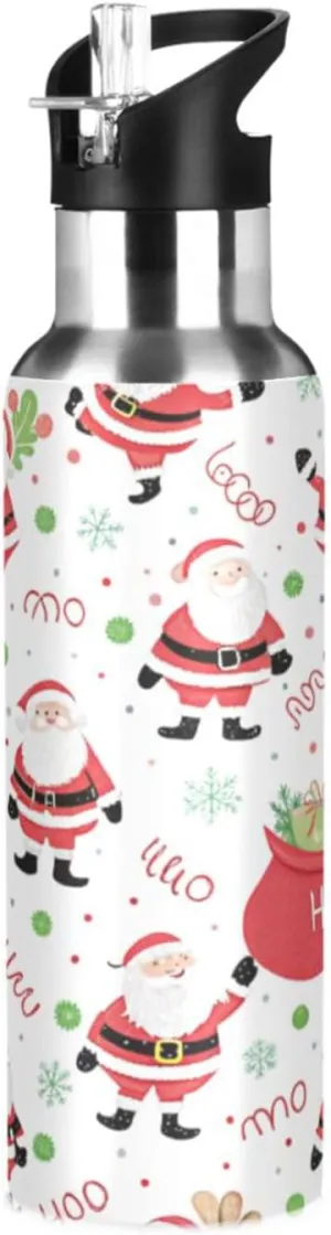 Qilmy Christmas Santa Claus Sport Water Bottle with Straw Lid Double Wall Vacuum Insulated Flask Stainless Steel Water Bottle 20 oz