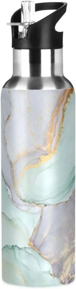 Qilmy Marble Texture Sport Water Bottle with Straw Lid Double Wall Vacuum Insulated Flask Stainless Steel Water Bottle 20 oz