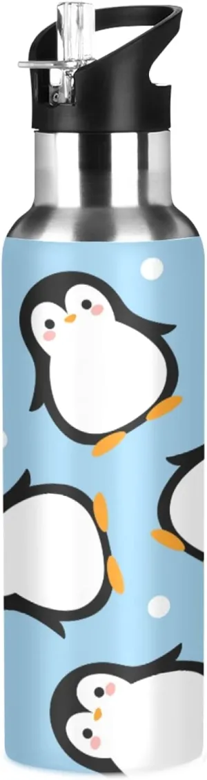 Qilmy Penguin Sport Water Bottle with Straw Lid Double Wall Vacuum Insulated Flask Stainless Steel Water Bottle 20 oz