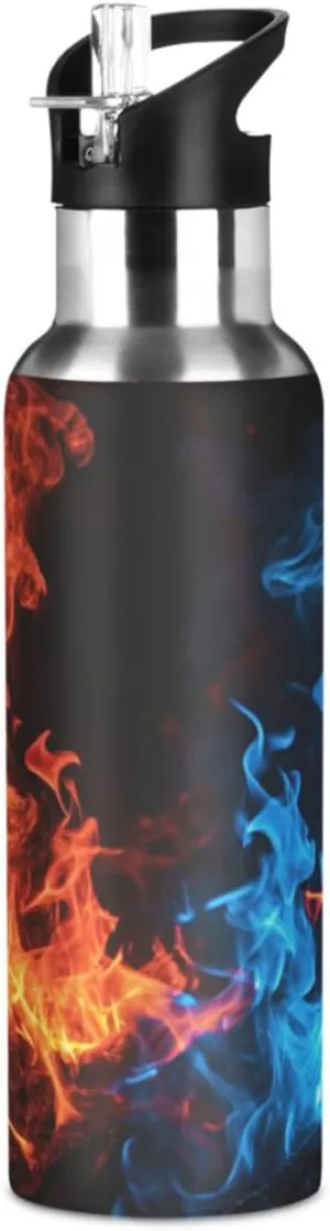 Qilmy Red Blue Fire Sport Water Bottle with Straw Lid Double Wall Vacuum Insulated Flask Stainless Steel Water Bottle 20 oz