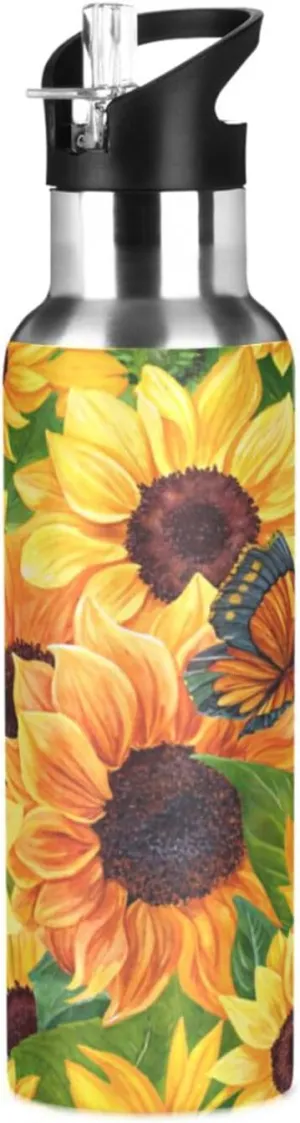 Qilmy Sunflowers & Butterfly Sport Water Bottle with Straw Lid Double Wall Vacuum Insulated Flask Stainless Steel Water Bottle 20 oz