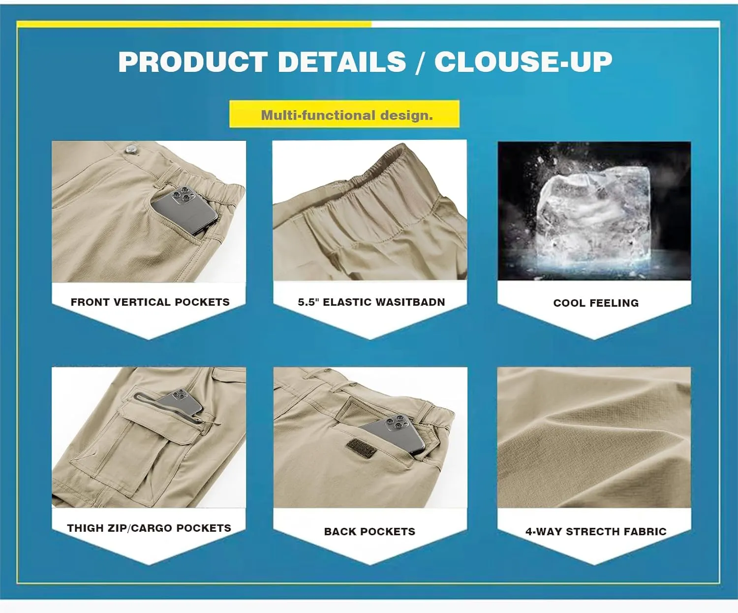 Quick Dry Cargo Shorts Men Outdoor Casual Stretchy Lightweight Fishing Hiking Breathable Comfortable Shorts No Belt