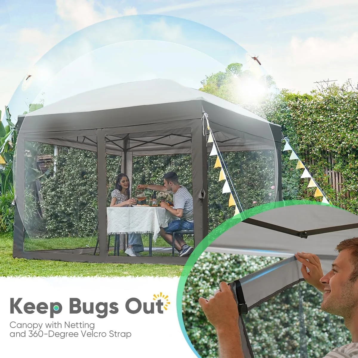 Quictent 8'x8' Pop up Canopy Tent with Netting, Auto-Close Magnetic Doors, One Person Instant Setup Screen House Room Tent Screened Waterproof (Gray)