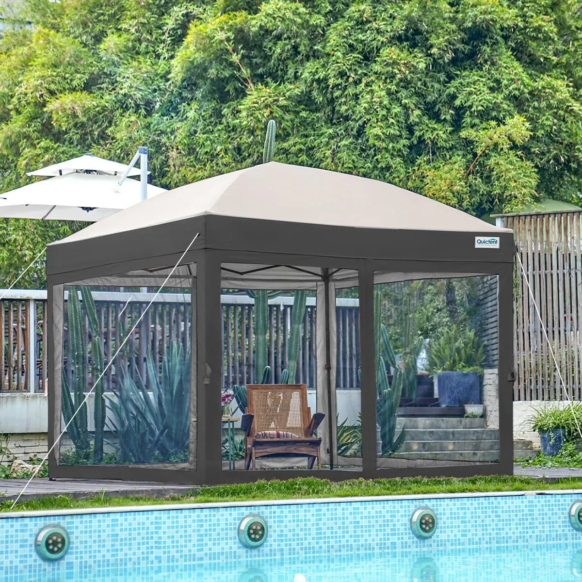 Quictent 8'x8' Pop up Canopy Tent with Netting, Auto-Close Magnetic Doors, One Person Instant Setup Screen House Room Tent Screened Waterproof (Gray)