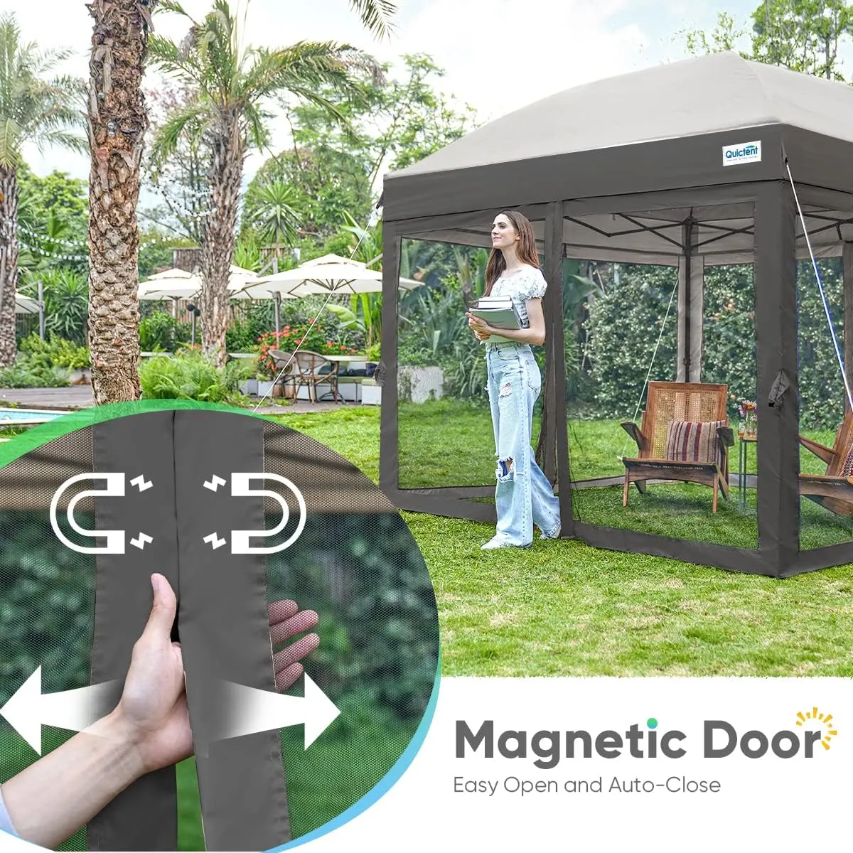 Quictent 8'x8' Pop up Canopy Tent with Netting, Auto-Close Magnetic Doors, One Person Instant Setup Screen House Room Tent Screened Waterproof (Gray)