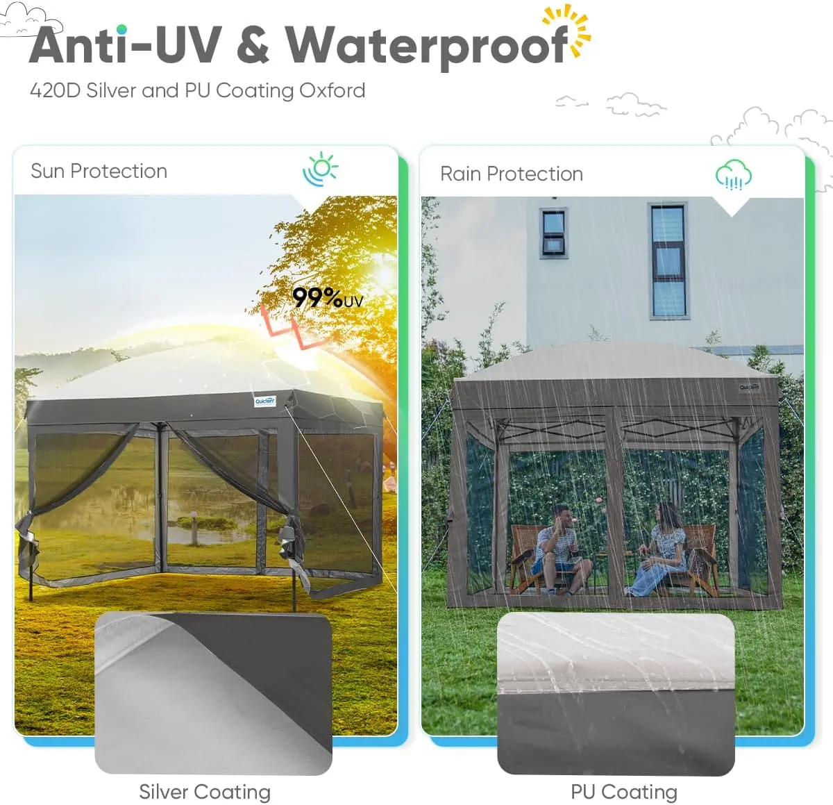 Quictent 8'x8' Pop up Canopy Tent with Netting, Auto-Close Magnetic Doors, One Person Instant Setup Screen House Room Tent Screened Waterproof (Gray)