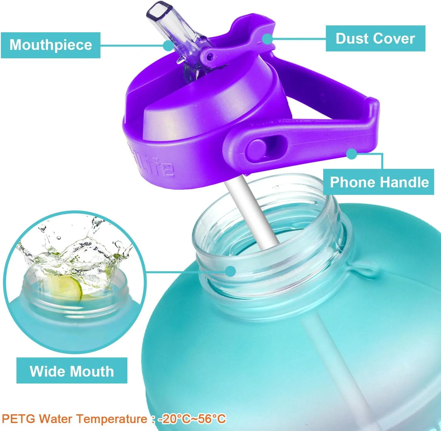 QuiFit 1 Gallon Water Bottle - with Straw & Motivational Time Marker Leak-Proof BPA Free Reusable Gym Sports Outdoor Large(128OZ/73OZ) Capacity Water Jug