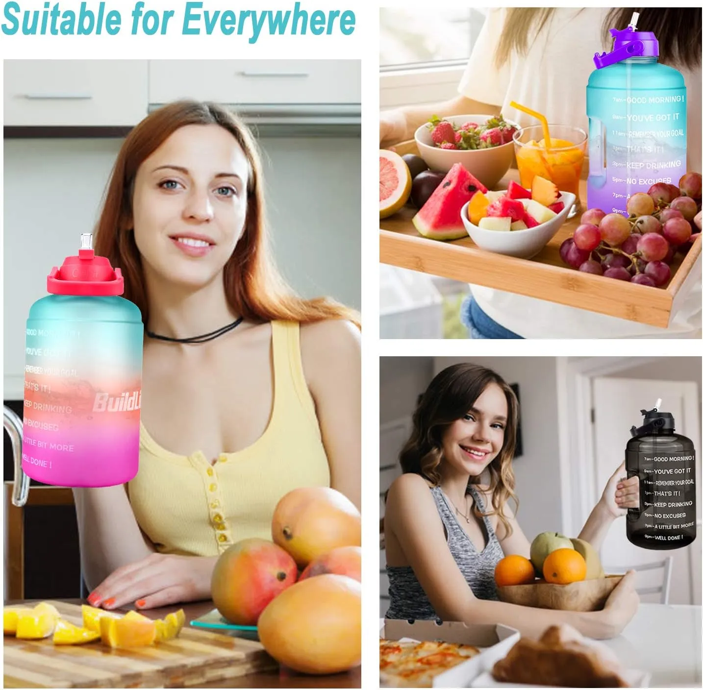 QuiFit 1 Gallon Water Bottle - with Straw & Motivational Time Marker Leak-Proof BPA Free Reusable Gym Sports Outdoor Large(128OZ/73OZ) Capacity Water Jug