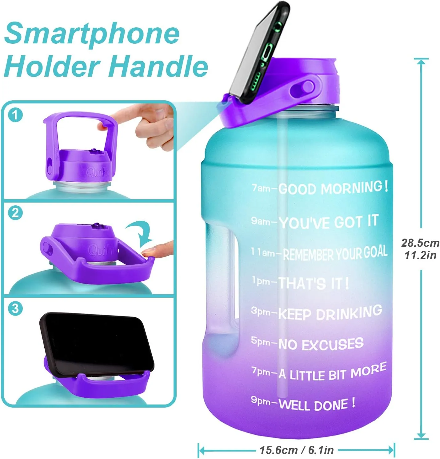 QuiFit 1 Gallon Water Bottle - with Straw & Motivational Time Marker Leak-Proof BPA Free Reusable Gym Sports Outdoor Large(128OZ/73OZ) Capacity Water Jug