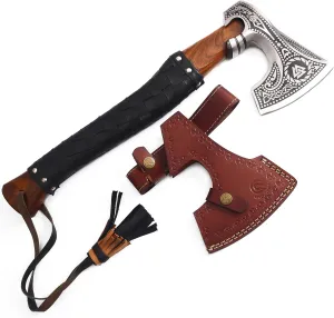 Qureshi Handmade Engraved High Carbon Steel Camping Axe - Gardening and Outdoor Survival Hatchet Axe, Viking Throwing Axe with Leather Sheath - Wood Axe with Anti-Slip Handle's Grip