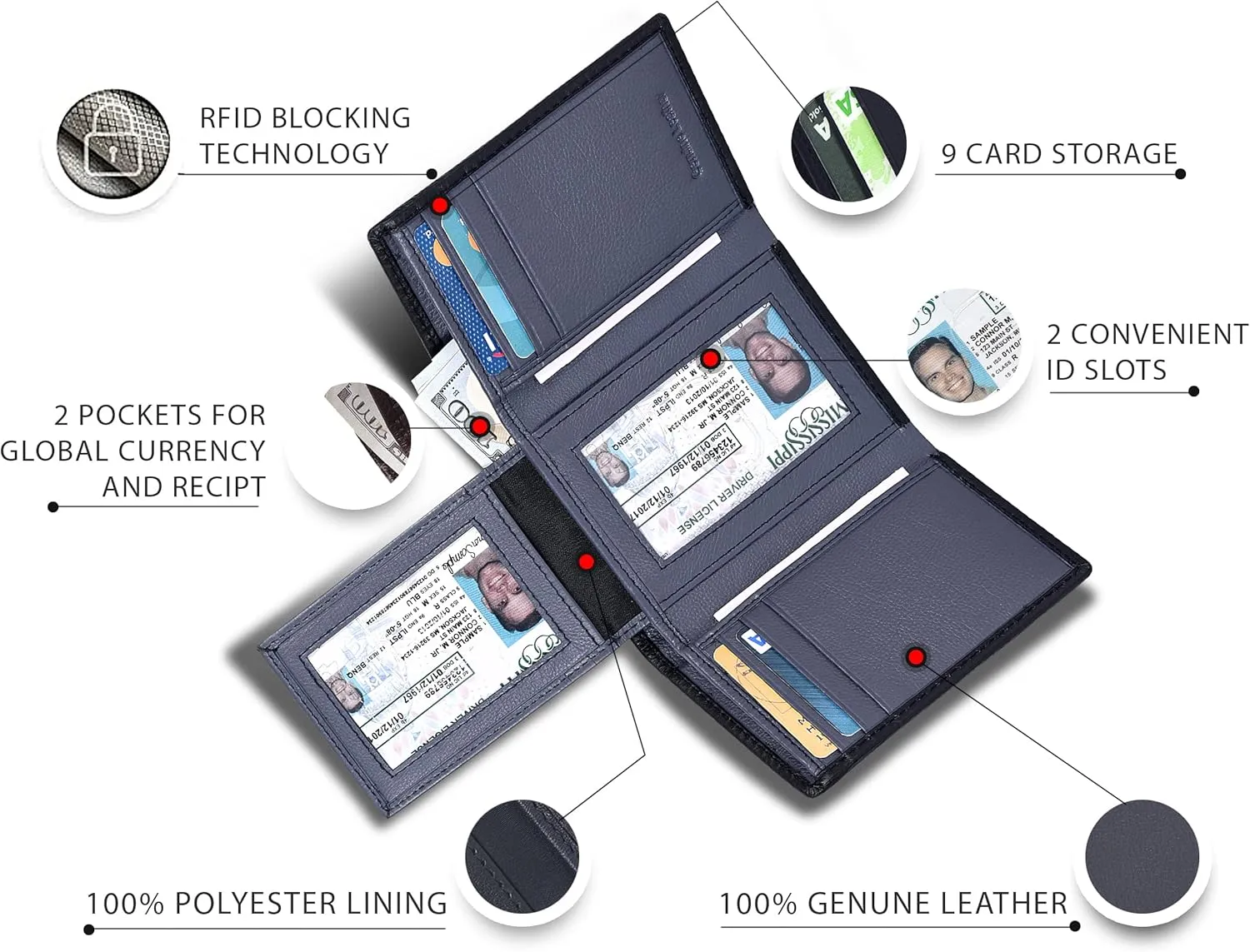 Real Leather Trifold Wallet for Men - RFID Wallets Slim 9 Credit Card Holder 2 ID Compartment Gift For Men