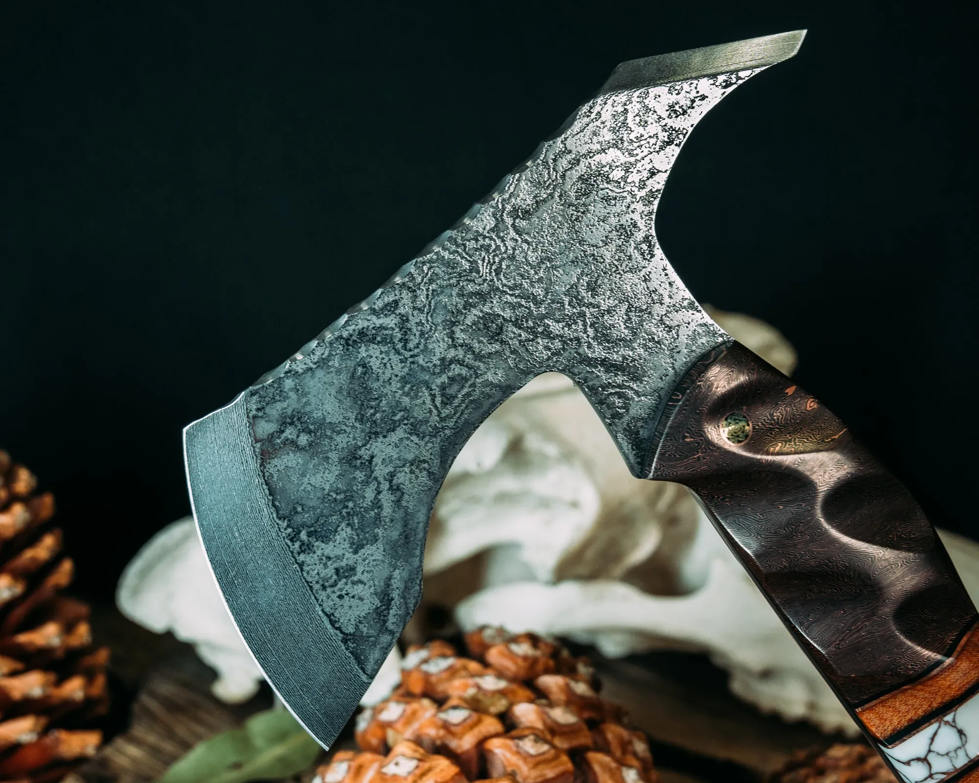 Recce Alpha Hawk- Baker Forge Wavy Pattern Damascus- Copper Coral FAT Carbon, Black G10 and Copper Pin Striping, Natural Canvas Micarta and White With Copper Matrix Tru-stone Split, Black Ash Burl, Mosaic Pins, Textured Grip