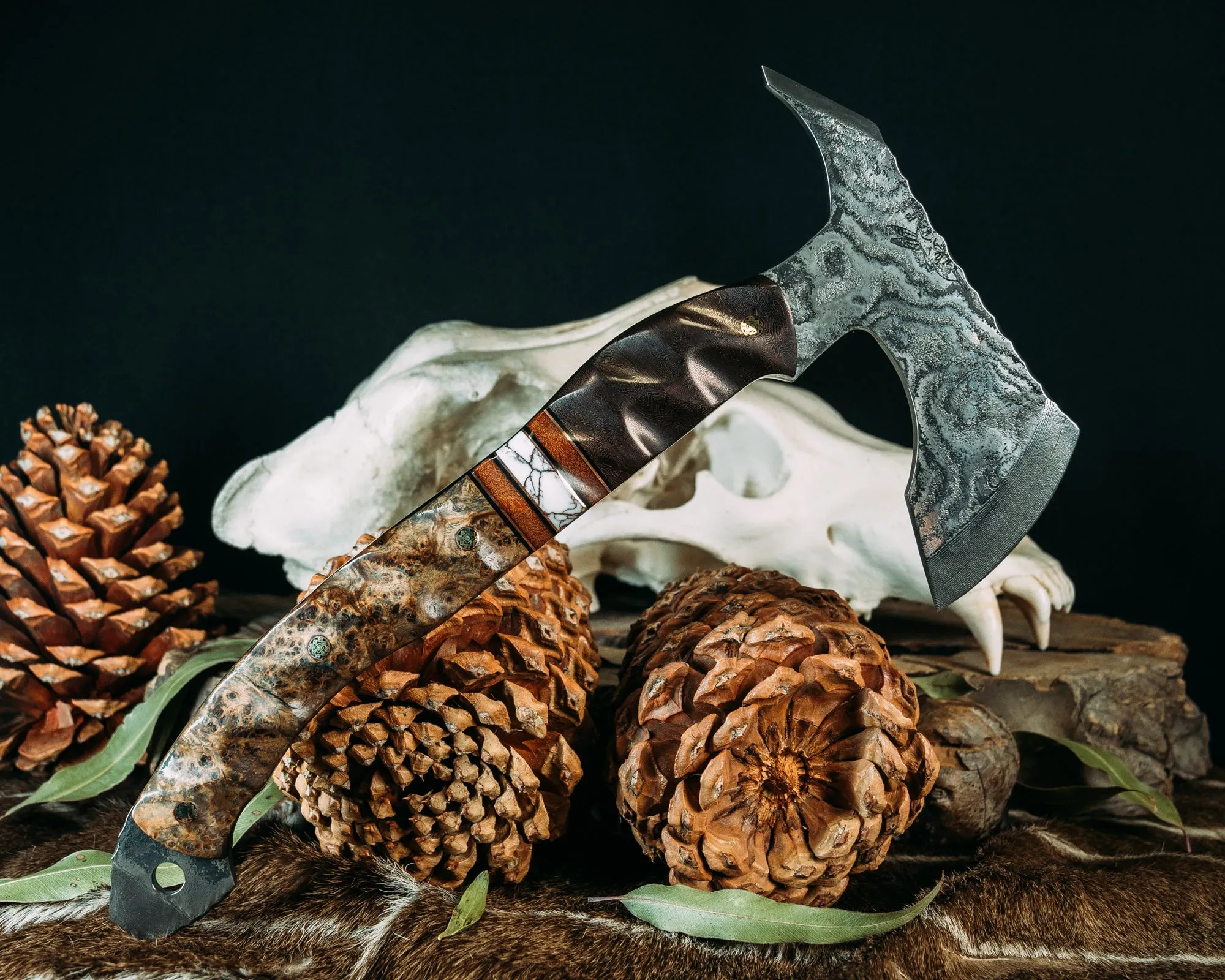 Recce Alpha Hawk- Baker Forge Wavy Pattern Damascus- Copper Coral FAT Carbon, Black G10 and Copper Pin Striping, Natural Canvas Micarta and White With Copper Matrix Tru-stone Split, Black Ash Burl, Mosaic Pins, Textured Grip