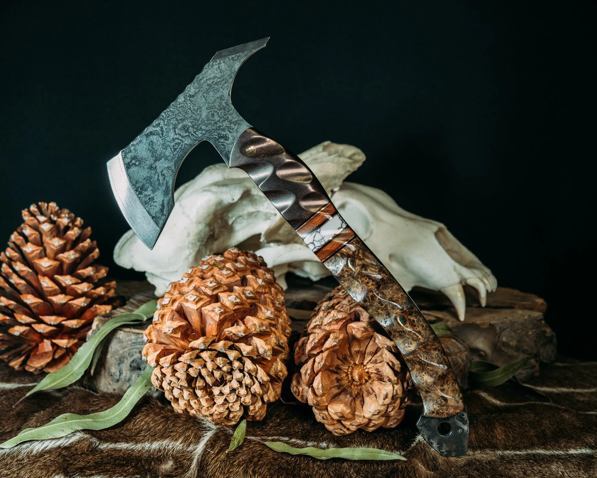 Recce Alpha Hawk- Baker Forge Wavy Pattern Damascus- Copper Coral FAT Carbon, Black G10 and Copper Pin Striping, Natural Canvas Micarta and White With Copper Matrix Tru-stone Split, Black Ash Burl, Mosaic Pins, Textured Grip
