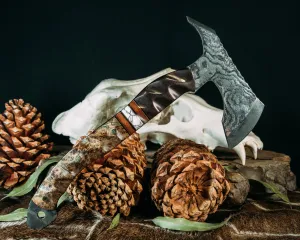 Recce Alpha Hawk- Baker Forge Wavy Pattern Damascus- Copper Coral FAT Carbon, Black G10 and Copper Pin Striping, Natural Canvas Micarta and White With Copper Matrix Tru-stone Split, Black Ash Burl, Mosaic Pins, Textured Grip