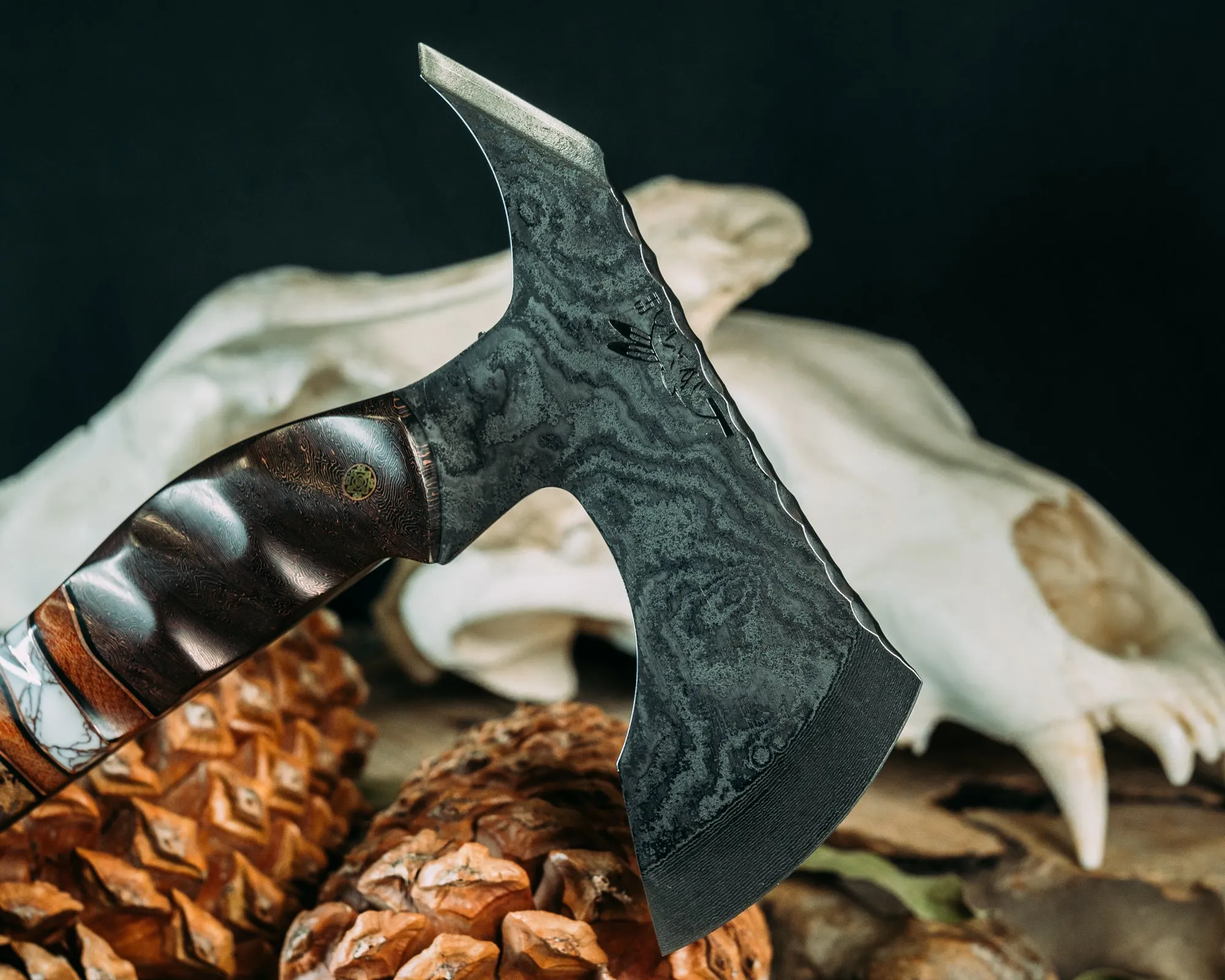 Recce Alpha Hawk- Baker Forge Wavy Pattern Damascus- Copper Coral FAT Carbon, Black G10 and Copper Pin Striping, Natural Canvas Micarta and White With Copper Matrix Tru-stone Split, Black Ash Burl, Mosaic Pins, Textured Grip