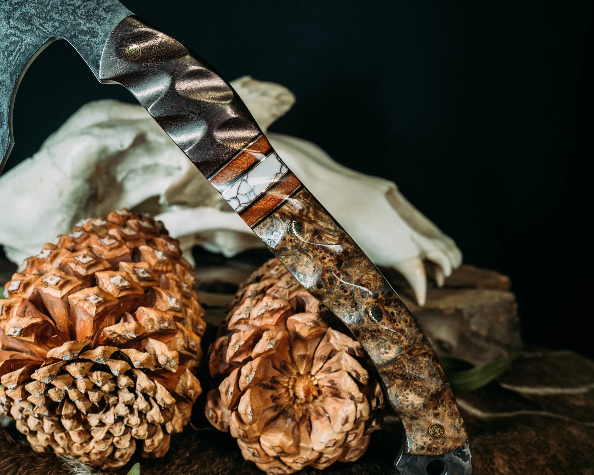 Recce Alpha Hawk- Baker Forge Wavy Pattern Damascus- Copper Coral FAT Carbon, Black G10 and Copper Pin Striping, Natural Canvas Micarta and White With Copper Matrix Tru-stone Split, Black Ash Burl, Mosaic Pins, Textured Grip