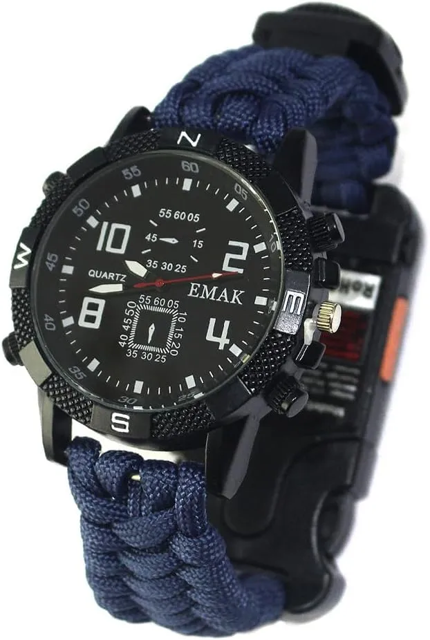 Rechargeable Sports Wrist Watch - Men's Multifunction Outdoor Survival Bracelet Emergency Wristband First Aid Tools with Paracord Multi-Lights Compass Whistle Thermometer Mirror Sim Pin