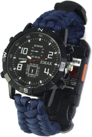 Rechargeable Sports Wrist Watch - Men's Multifunction Outdoor Survival Bracelet Emergency Wristband First Aid Tools with Paracord Multi-Lights Compass Whistle Thermometer Mirror Sim Pin