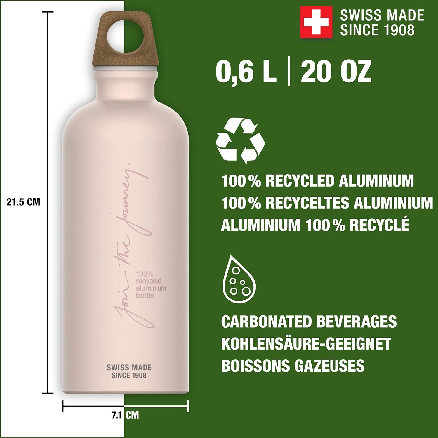 Recycled Metal Water Bottle - Traveller MyPlanet - Made in Switzerland - Carbonated Drinks - Lightweight 20, 34Oz