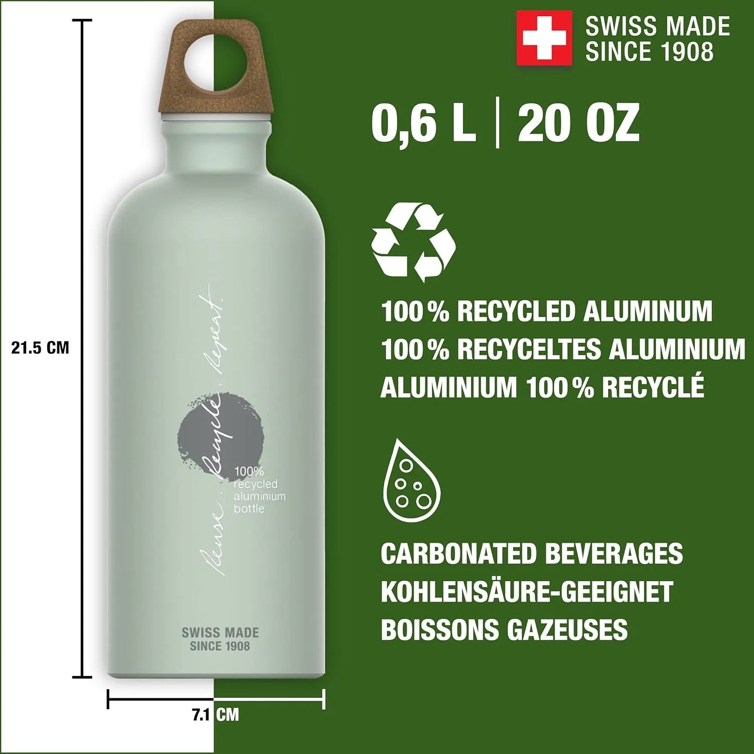 Recycled Metal Water Bottle - Traveller MyPlanet - Made in Switzerland - Carbonated Drinks - Lightweight 20, 34Oz