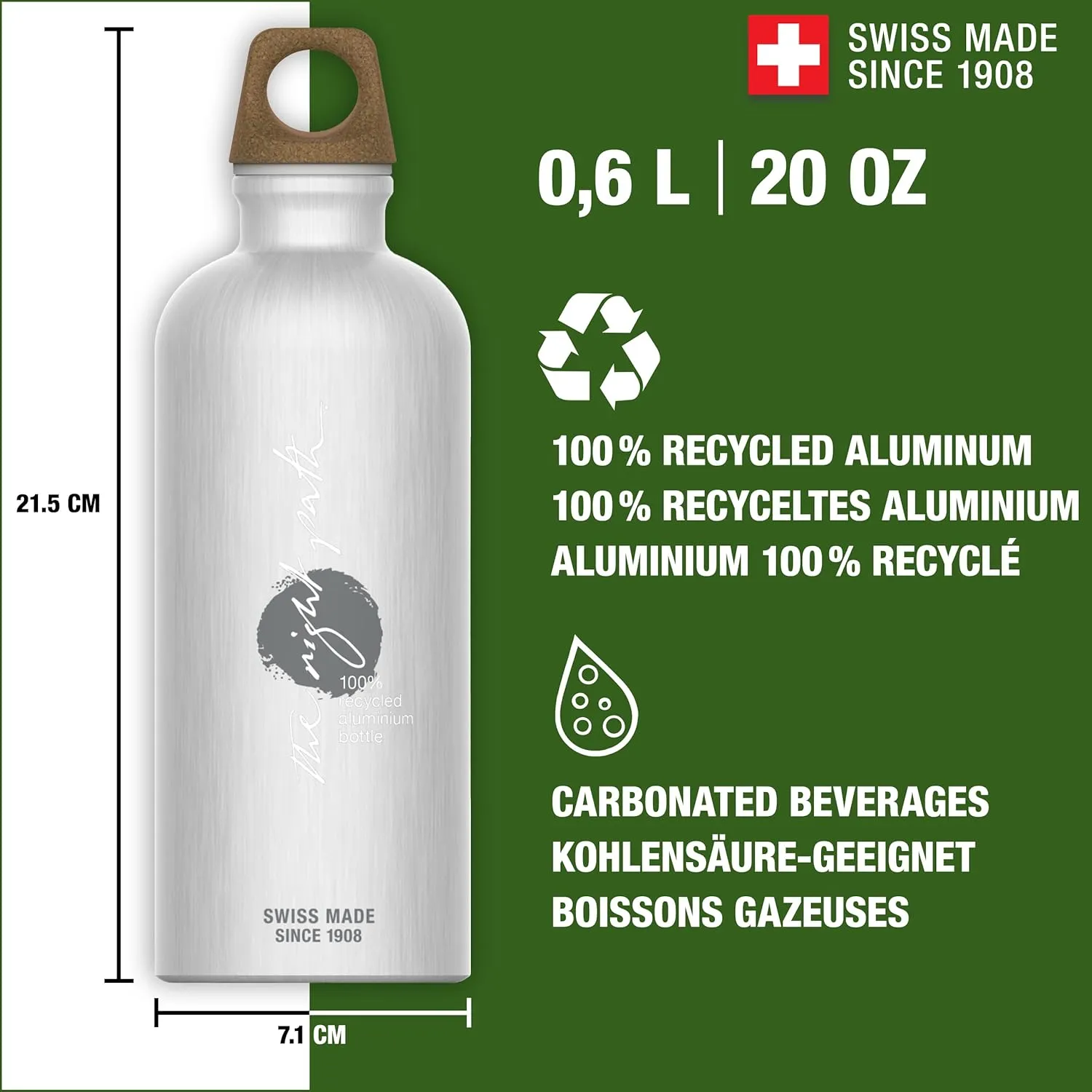 Recycled Metal Water Bottle - Traveller MyPlanet - Made in Switzerland - Carbonated Drinks - Lightweight 20, 34Oz