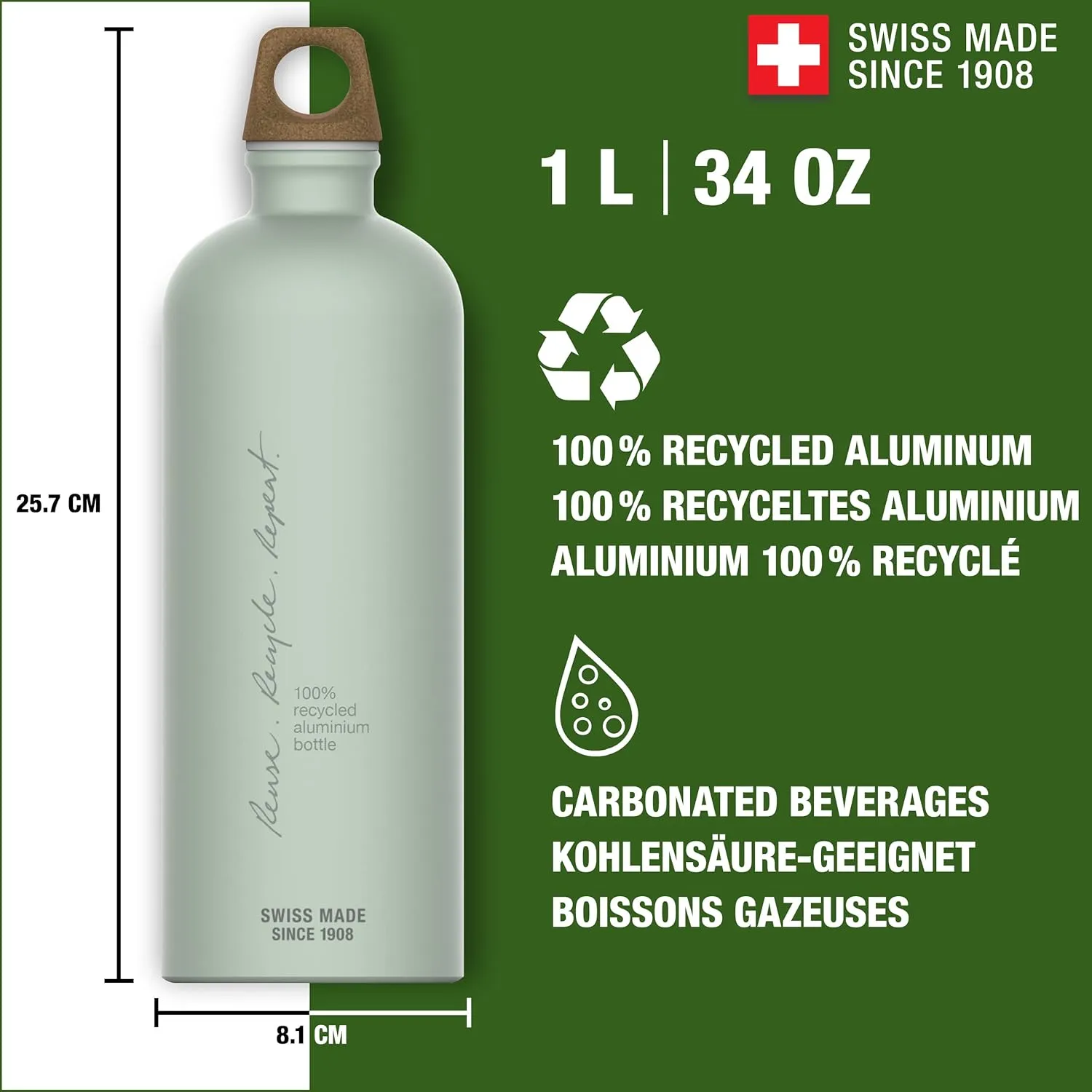 Recycled Metal Water Bottle - Traveller MyPlanet - Made in Switzerland - Carbonated Drinks - Lightweight 20, 34Oz