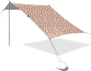 Red Strawberries Blue Foldable Beach Canopy UPF50  Protection Easy Setup Sun Shade with Sandbags, Sand Shovel, Poles for Backyard and Camping