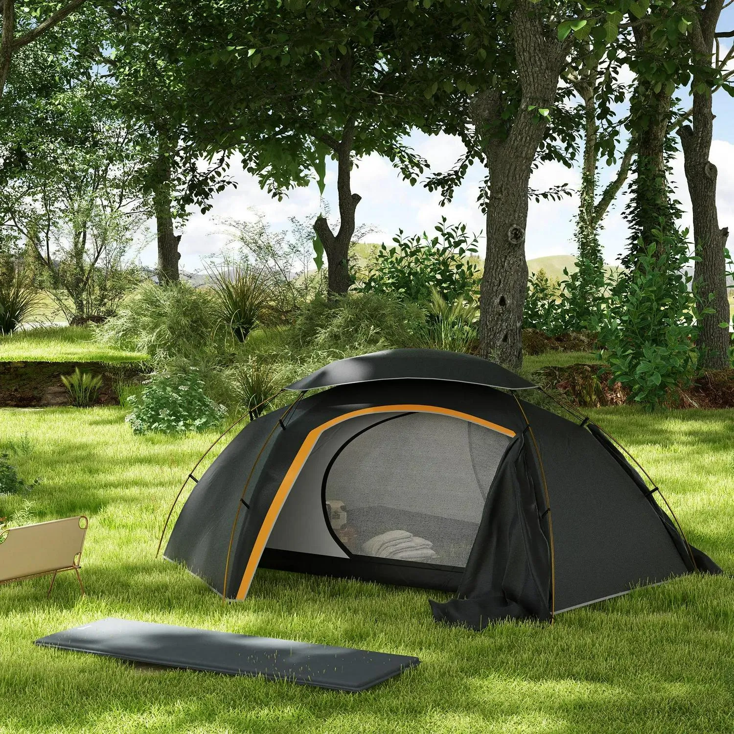 Reliable shipping Dome With Hiking, Inflatable Grey/Grey Bags, Self Removable Frame, Camping Person Fishing Dark Portable 2000mm Aluminium Tent And Rainfly For Outsunny Mattress, 1 Effortless Waterproof,