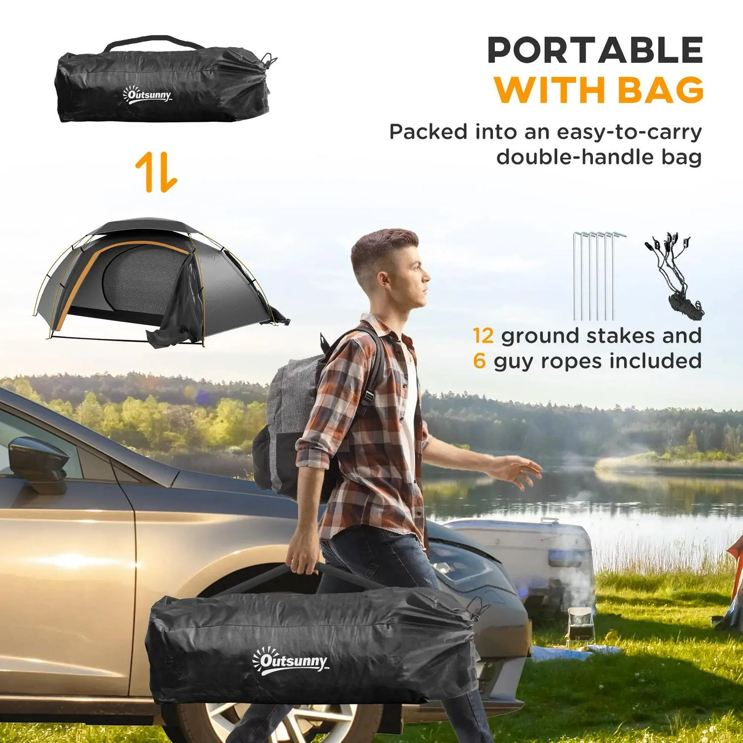 Reliable shipping Dome With Hiking, Inflatable Grey/Grey Bags, Self Removable Frame, Camping Person Fishing Dark Portable 2000mm Aluminium Tent And Rainfly For Outsunny Mattress, 1 Effortless Waterproof,