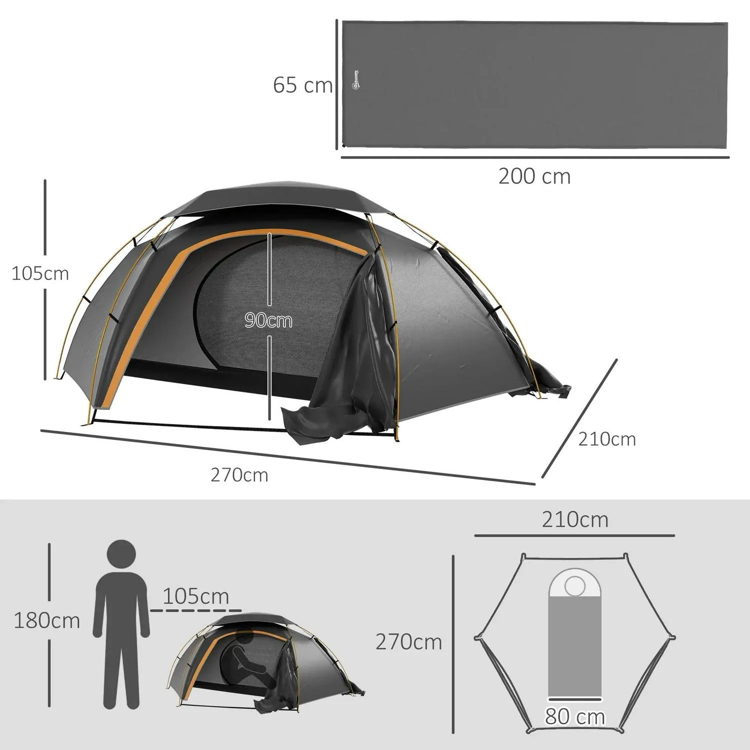 Reliable shipping Dome With Hiking, Inflatable Grey/Grey Bags, Self Removable Frame, Camping Person Fishing Dark Portable 2000mm Aluminium Tent And Rainfly For Outsunny Mattress, 1 Effortless Waterproof,