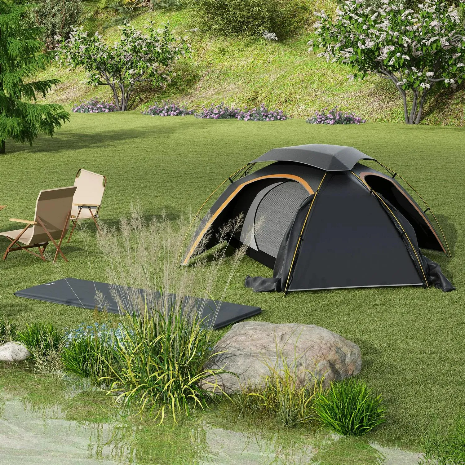 Reliable shipping Dome With Hiking, Inflatable Grey/Grey Bags, Self Removable Frame, Camping Person Fishing Dark Portable 2000mm Aluminium Tent And Rainfly For Outsunny Mattress, 1 Effortless Waterproof,