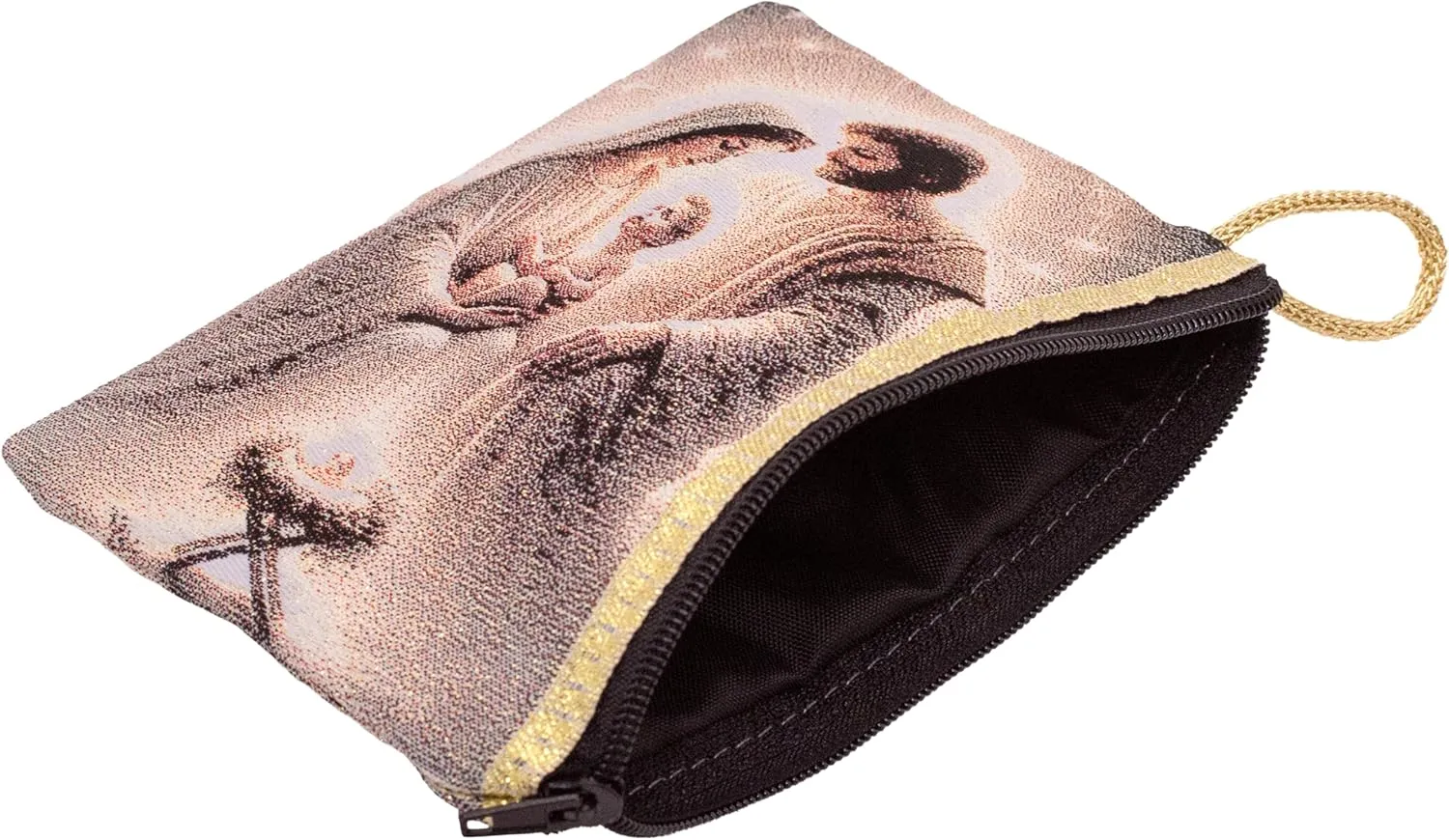 Religious Rosary Pouch with Tapestry Style Woven Art | St. Michael, Holy Family, or St. Therese | Zipper Enclosure | Catholic Gift for First Holy Communion or Confirmation (Holy Family)