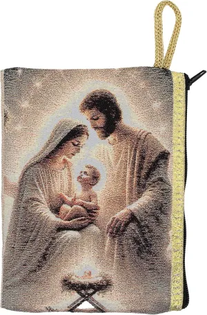 Religious Rosary Pouch with Tapestry Style Woven Art | St. Michael, Holy Family, or St. Therese | Zipper Enclosure | Catholic Gift for First Holy Communion or Confirmation (Holy Family)