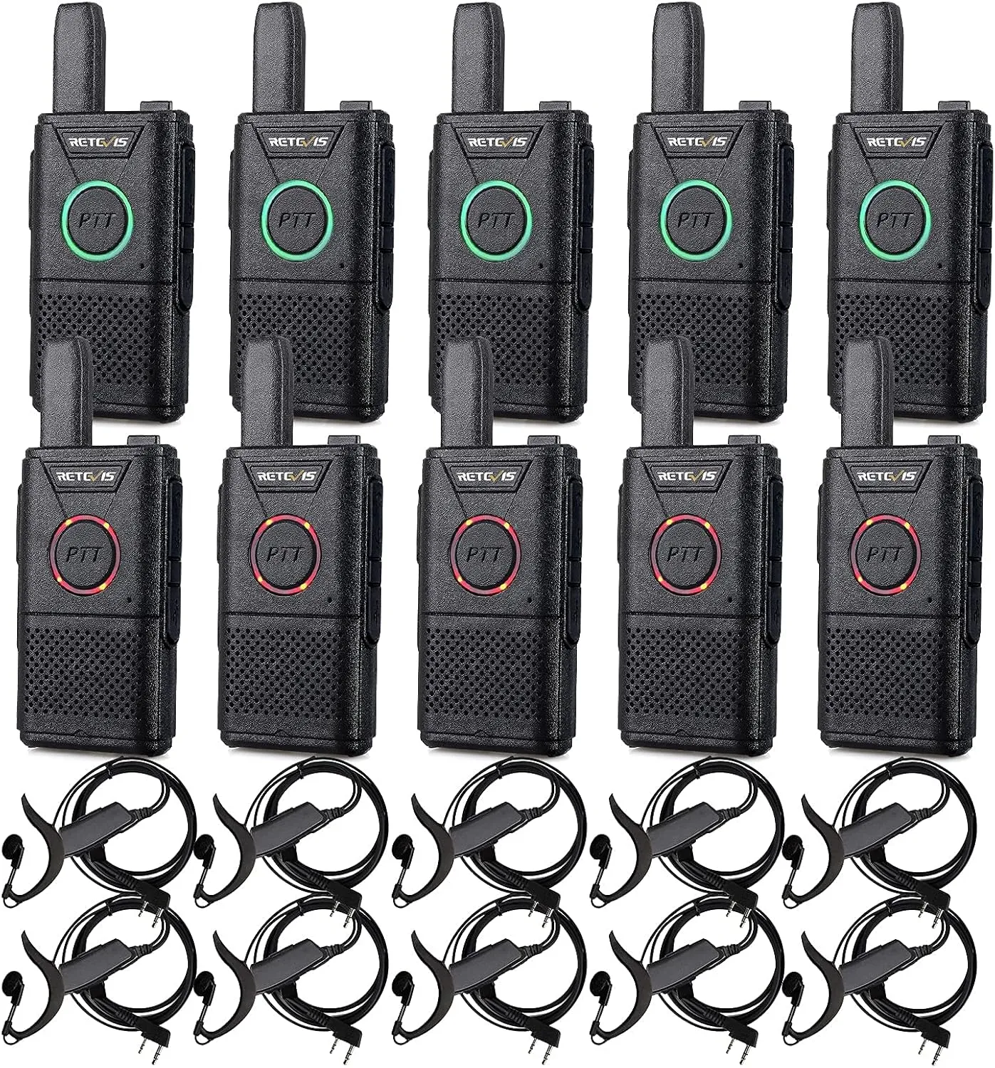 Retevis RT18 Walkie Talkies with Earpiece,2 Way Radios Long Range,Dual PTT,Short Antenna,Center Led, Compact, Rechargeable Two Way Radio for Adults Healthcare School Automotive Restaurant (10 Pack)