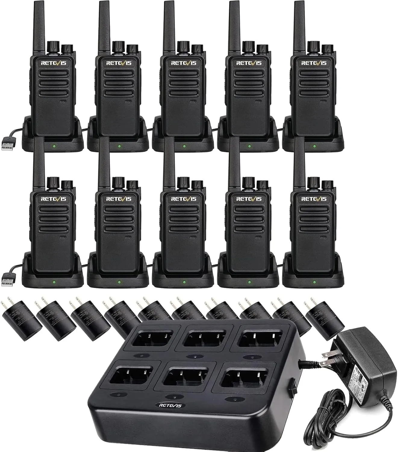 Retevis RT68 Two Way Radio(10 Pack) Bundle with Six Way Charger(1 Pack), Long Range Walkie Talkies for Adults,Compact, Rugged, Heavy Duty 2 Way Radios Rechargeable with USB Charging Base