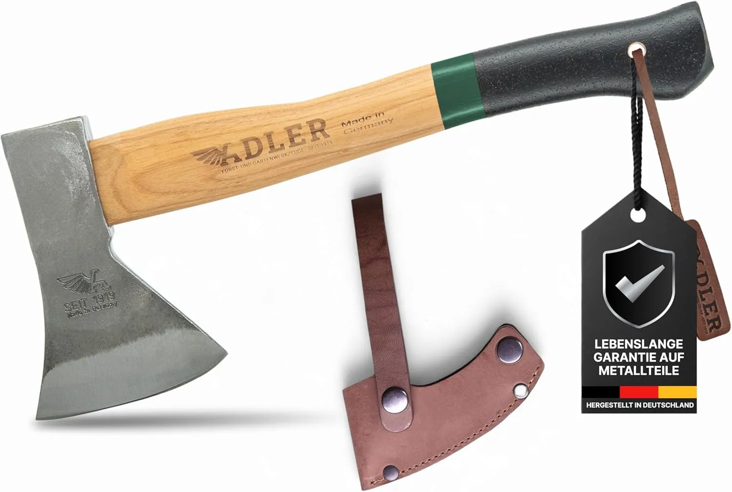 Rheinland Hatchet with Leather Protection: Forged Wooden Hatchet Made of C60 Steel, Wooden Axe with 36 cm Hickory Handle, Non-Slip Outdoor Hatchet Survival Axe for Camping & Hiking, Green/Black