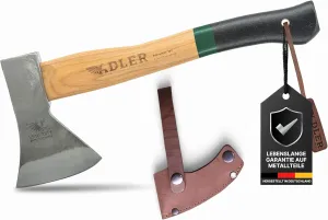 Rheinland Hatchet with Leather Protection: Forged Wooden Hatchet Made of C60 Steel, Wooden Axe with 36 cm Hickory Handle, Non-Slip Outdoor Hatchet Survival Axe for Camping & Hiking, Green/Black