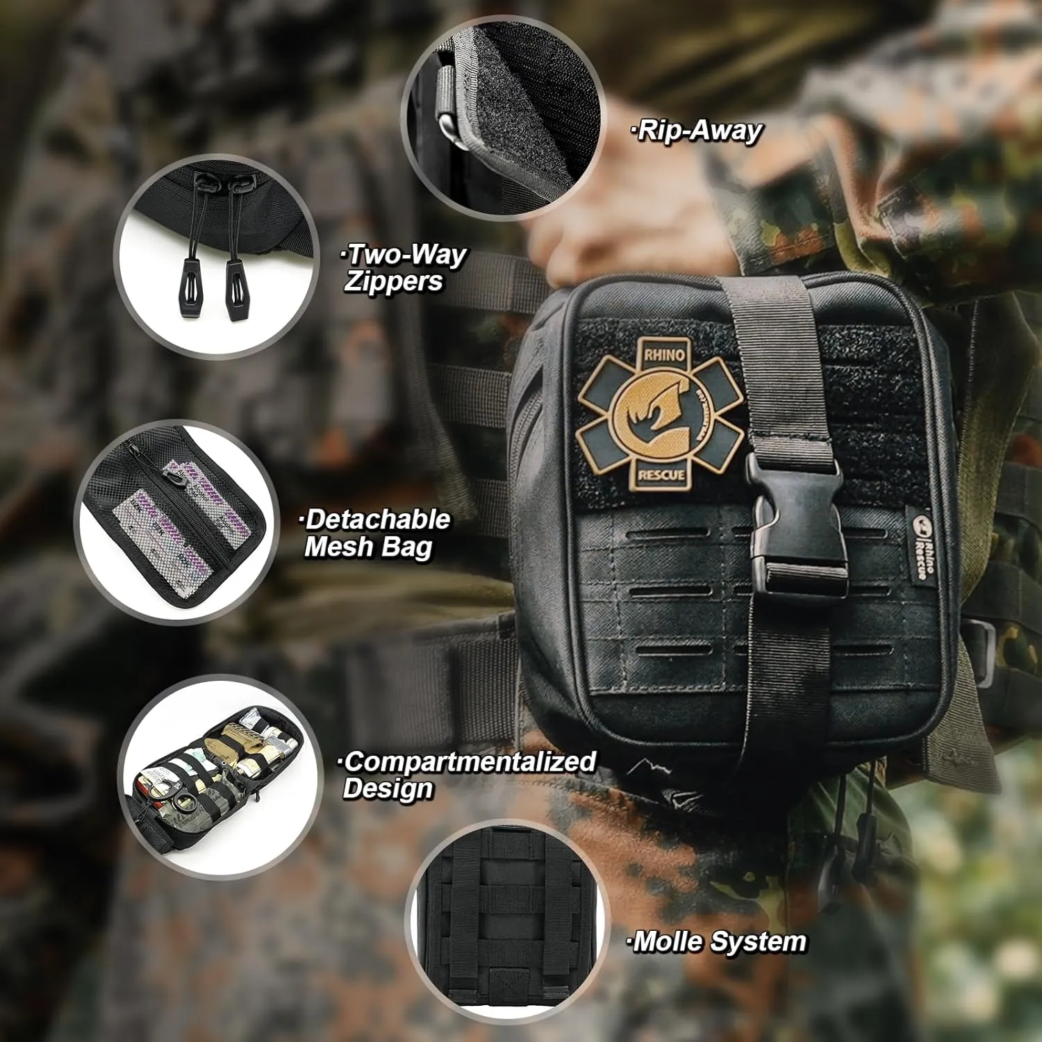 RHINO RESCUE IFAK Trauma Kit with C-A-T Tourniquet, Tactical First Aid Kit Molle Pouch for Military, Combat, Car, Camping, Hiking, Travel， FSA HSA Eligible (Red)