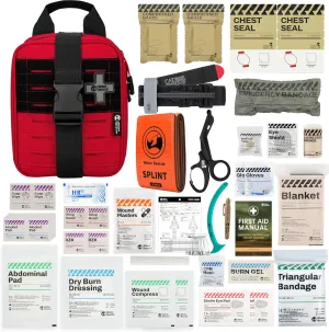 RHINO RESCUE IFAK Trauma Kit with C-A-T Tourniquet, Tactical First Aid Kit Molle Pouch for Military, Combat, Car, Camping, Hiking, Travel， FSA HSA Eligible (Red)