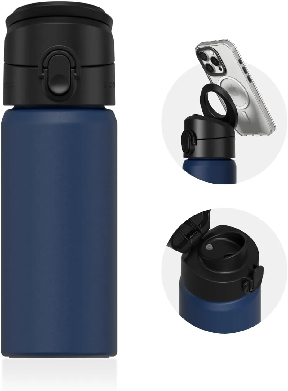 RHINOSHIELD AquaStand Magnetic Bottle 16 oz | Round Mouth Stainless Steel Insulated Water Bottle, Sport Bottle with MagSafe Compatible Handle, Tripod with Adjustable Angles, Leak Proof - Midnight Blue